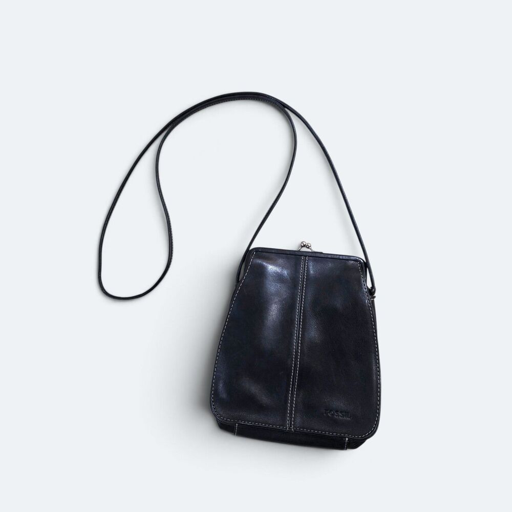 Vintage Fossil Black Leather Kiss Lock Crossbody Frame Bag Purse